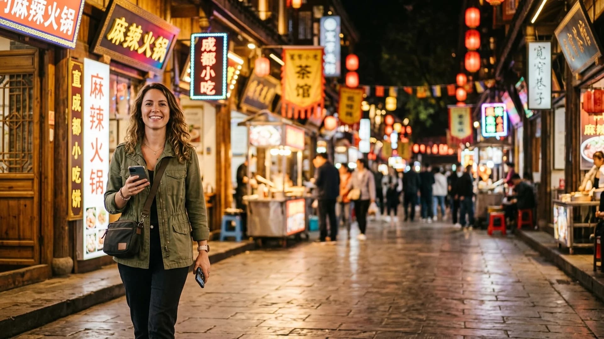 Traveler exploring a vibrant Chinese street