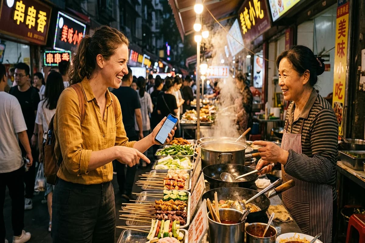 Traveler confidently ordering street food in China